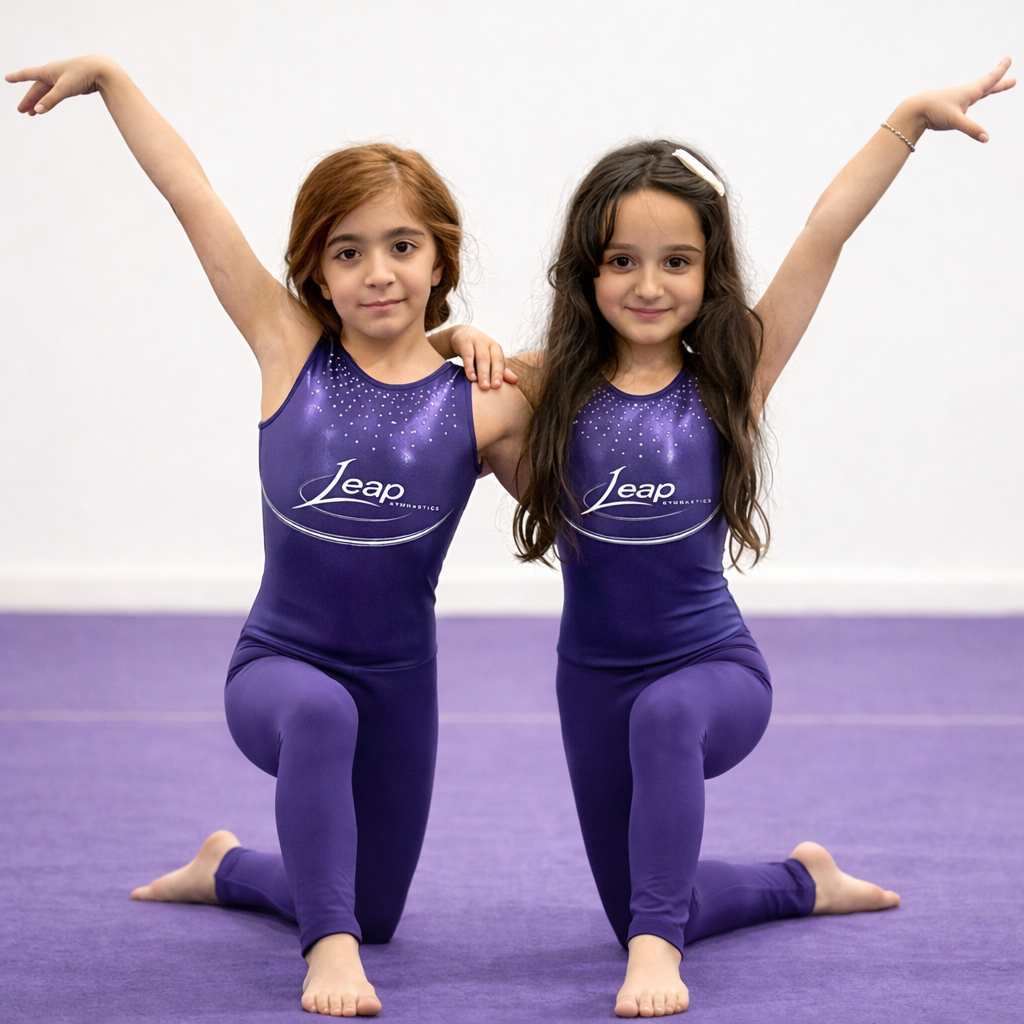 Two young Leap Gymnastics athletes in branded leotards posing together on the gym floor